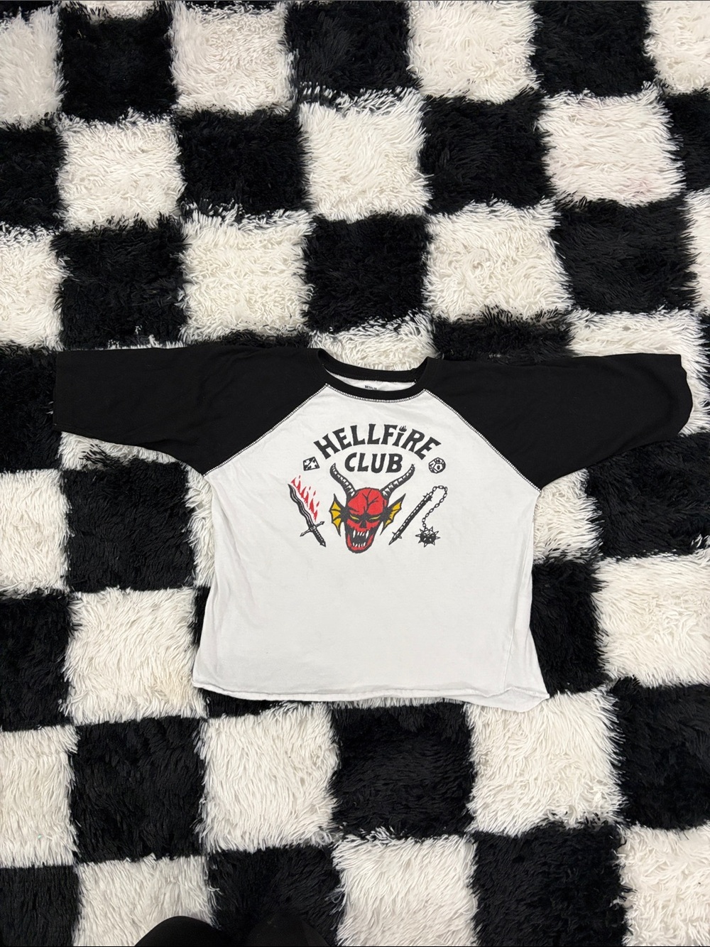 Netflix Hellfire Club Raglan Tee - Black & White with Red Accent